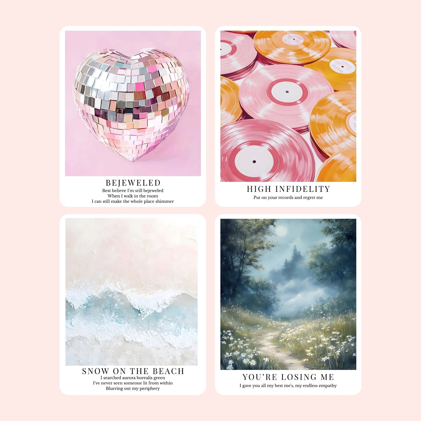 Clear laminate sticker collection featuring song-inspired art print designs for the Midnights era, including Karma, Dear Reader, You’re On Your Own, Kid, Would’ve Could’ve Should’ve, Bejeweled, High Infidelity, Snow On The Beach, and You’re Losing Me.