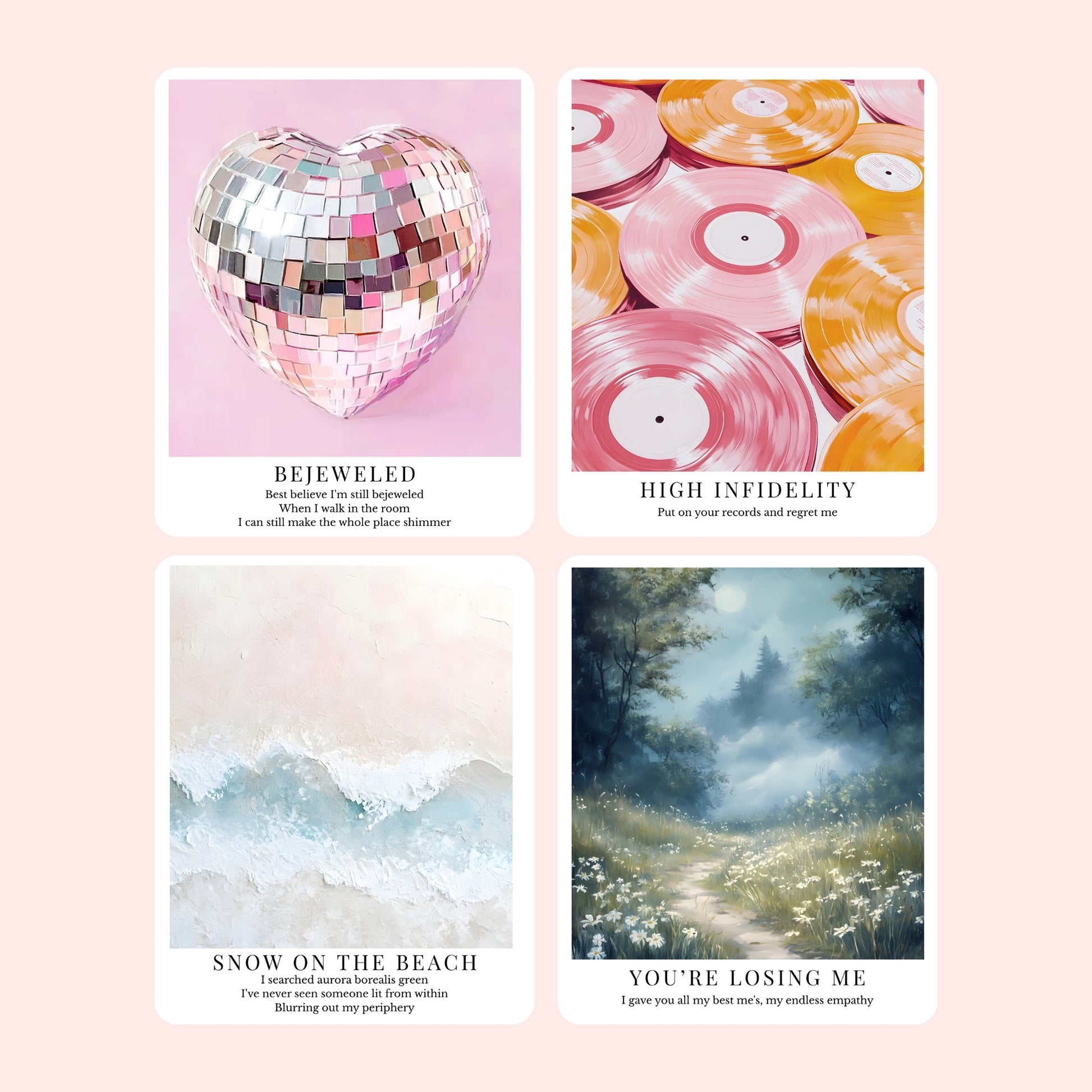 Clear laminate sticker collection featuring song-inspired art print designs for the Midnights era, including Karma, Dear Reader, You’re On Your Own, Kid, Would’ve Could’ve Should’ve, Bejeweled, High Infidelity, Snow On The Beach, and You’re Losing Me.
