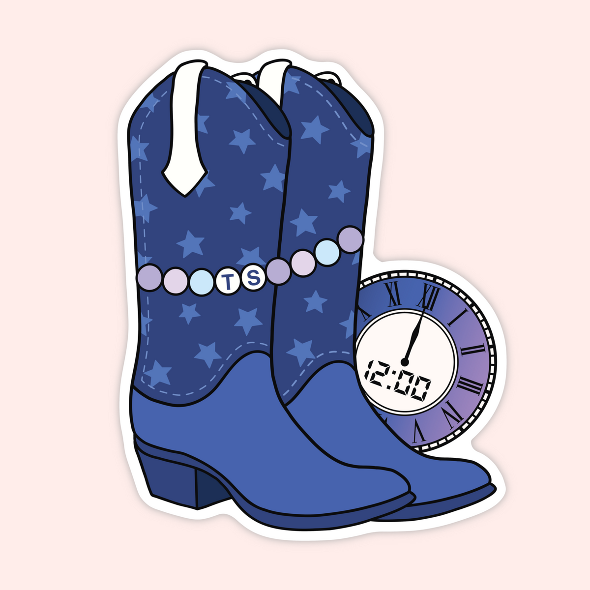 A die-cut sticker featuring a pair of blue cowboy boots with star-patterned shafts and a matching clock, shown on a pale pink background.