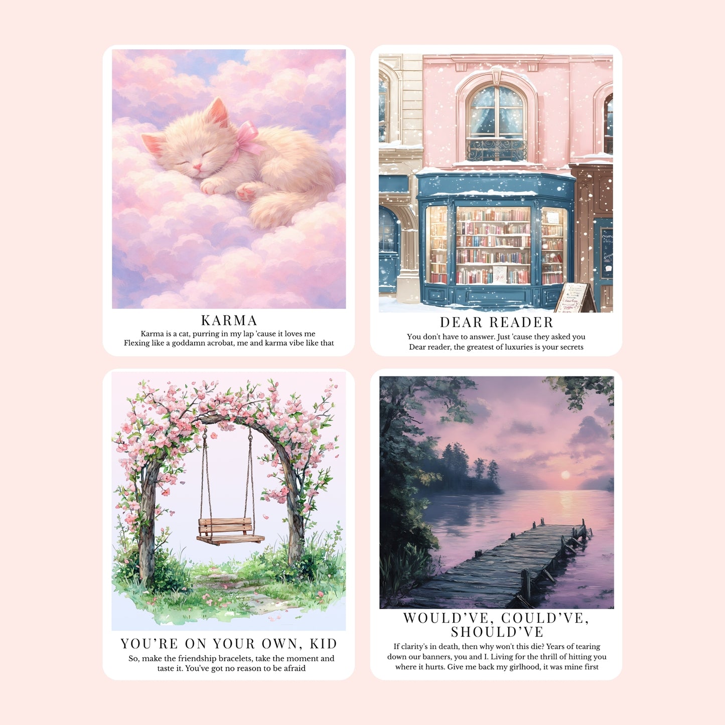 Clear laminate sticker collection featuring song-inspired art print designs for the Midnights era, including Karma, Dear Reader, You’re On Your Own, Kid, Would’ve Could’ve Should’ve, Bejeweled, High Infidelity, Snow On The Beach, and You’re Losing Me.