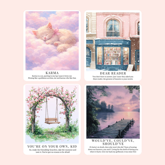 Clear laminate sticker collection featuring song-inspired art print designs for the Midnights era, including Karma, Dear Reader, You’re On Your Own, Kid, Would’ve Could’ve Should’ve, Bejeweled, High Infidelity, Snow On The Beach, and You’re Losing Me.