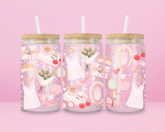 “Bridal glass tumbler with soft pink floral design – perfect for bachelorettes or wedding gifts.”
