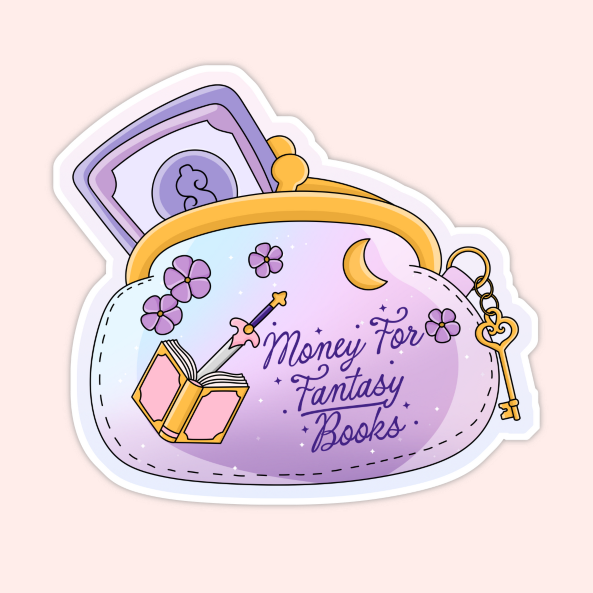 Cute illustrated coin purse with books and magical details featuring the phrase “Money for Fantasy Books.”