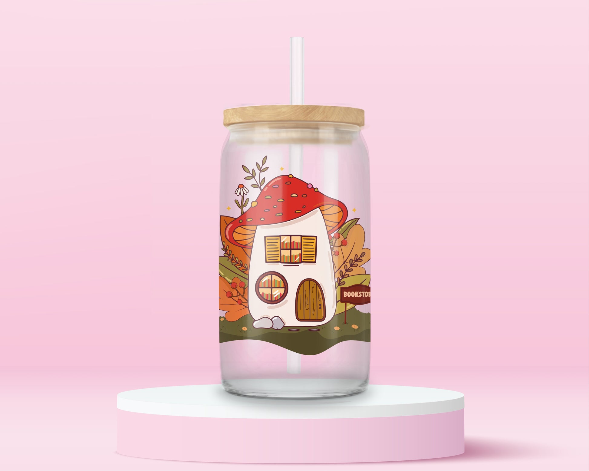 Cottagecore mushroom bookstore glass tumbler with whimsical forest illustration and cozy bookshop aesthetic.