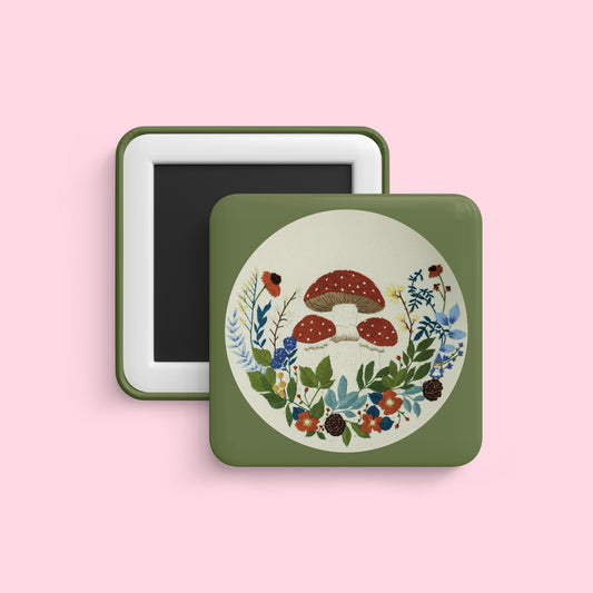 Mushroom garden embroidery style magnet, 2 inch cute girly fridge magnet with cottagecore floral design