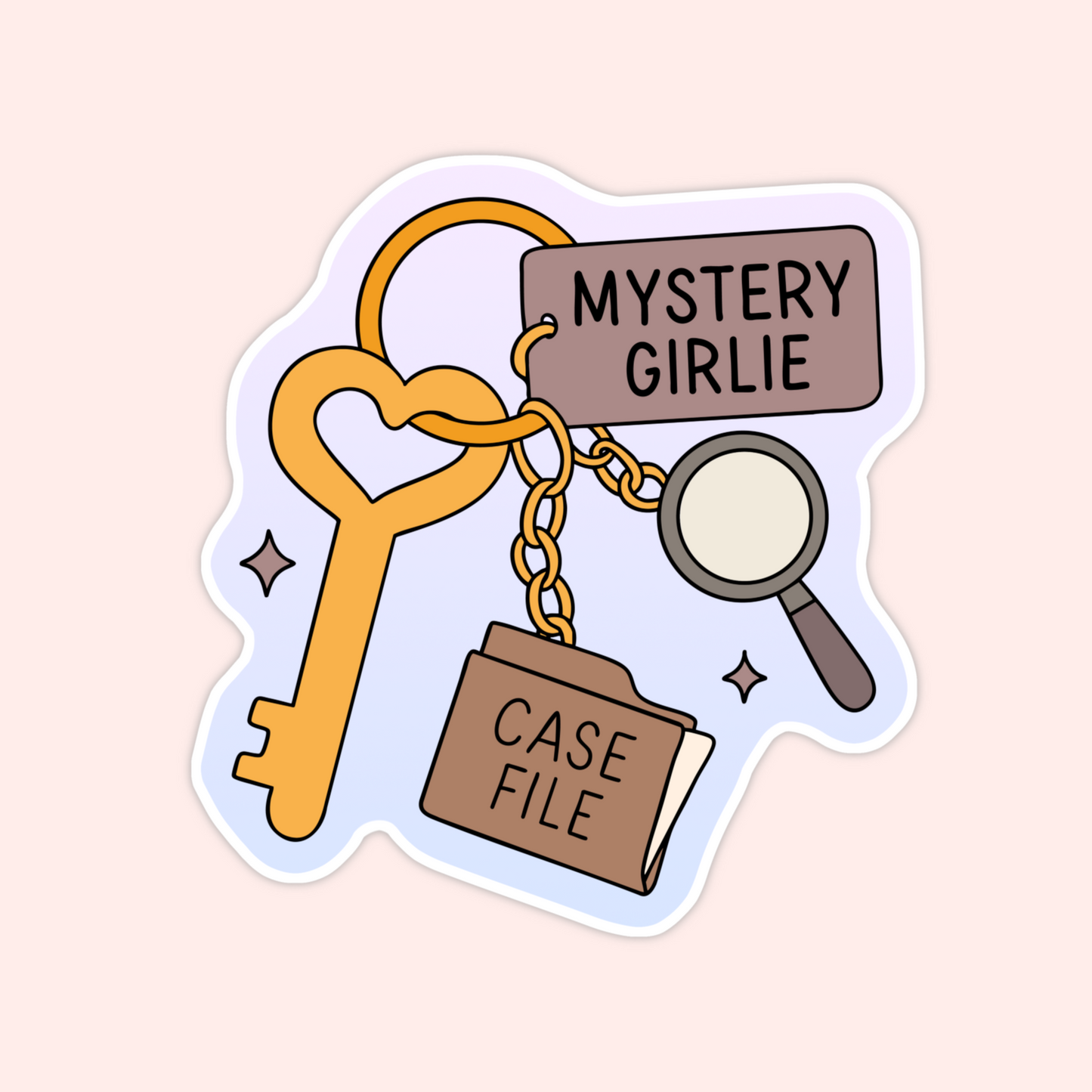 Pastel sticker showing a heart key with a “Mystery Girlie” tag, a magnifying glass charm, and a case file charm for cozy mystery readers.