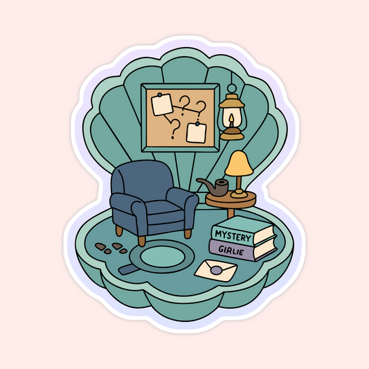 A teal Polly Pocket–style seashell case opened to reveal a cozy detective scene, complete with an armchair, lamp, smoking pipe, stack of mystery books, and a corkboard of case notes labeled “Mystery Girlie.”