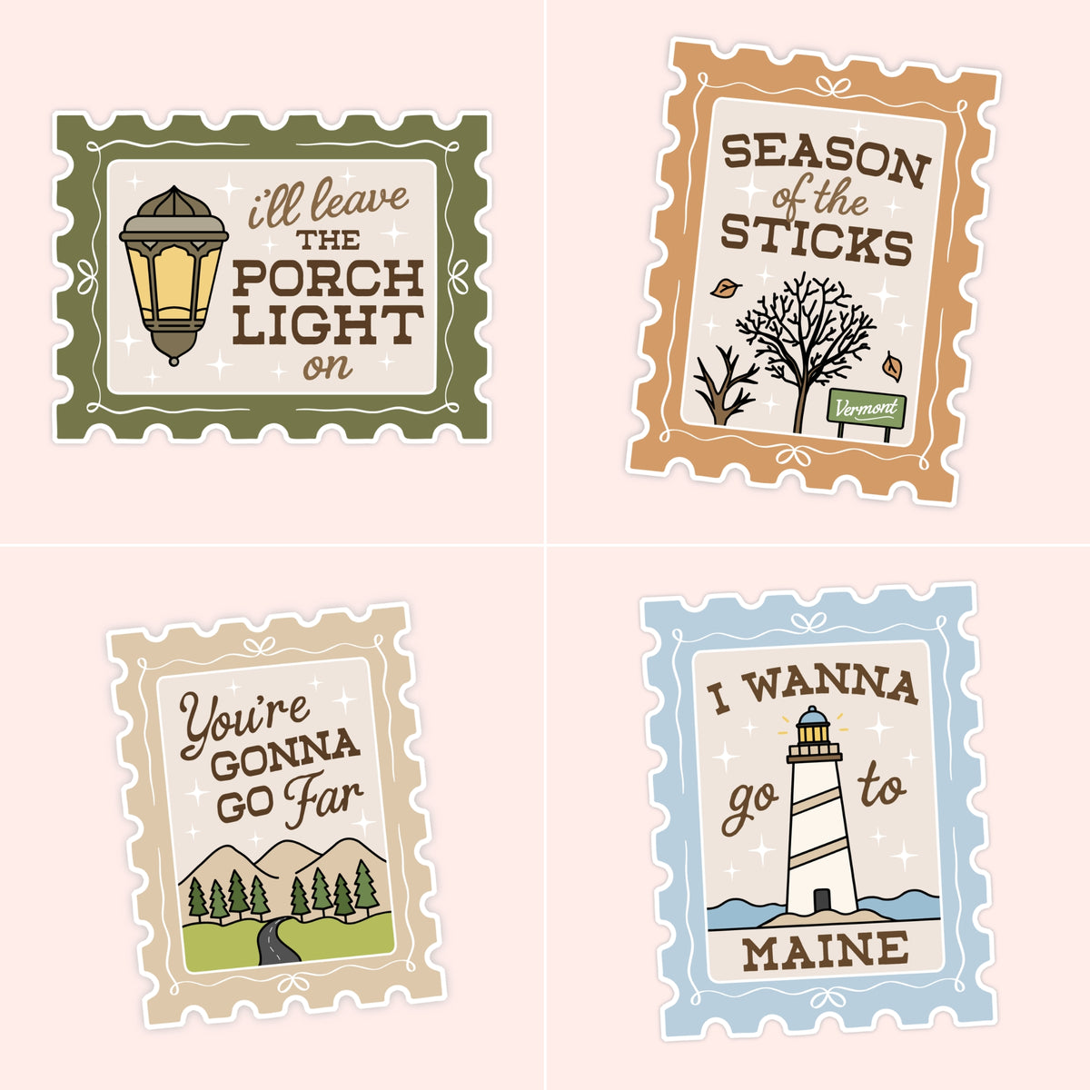 Noah Kahan-inspired postage stamp sticker with illustrated folk music and New England designs