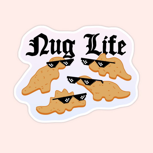 Sticker of dinosaur-shaped chicken nuggets wearing pixel sunglasses with the words "Nug Life."
