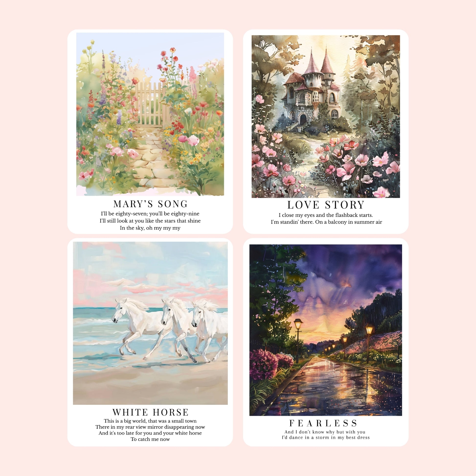 Shop Taylor Swift-inspired clear laminate song stickers featuring dreamy designs from Debut, Fearless, Speak Now, and Red album eras. Each sticker is sold individually.