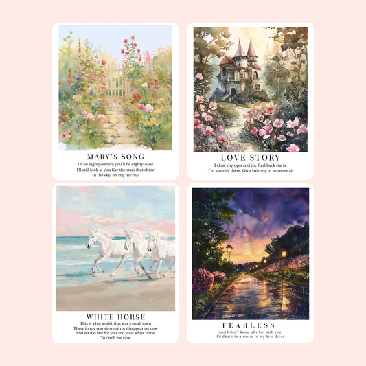 Shop Taylor Swift-inspired clear laminate song stickers featuring dreamy designs from Debut, Fearless, Speak Now, and Red album eras. Each sticker is sold individually.