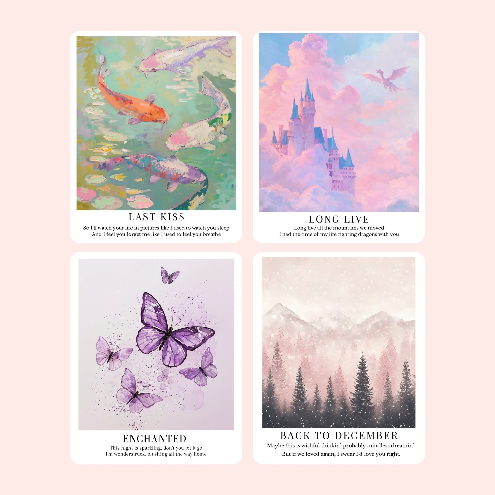 Shop Taylor Swift-inspired clear laminate song stickers featuring dreamy designs from Debut, Fearless, Speak Now, and Red album eras. Each sticker is sold individually.