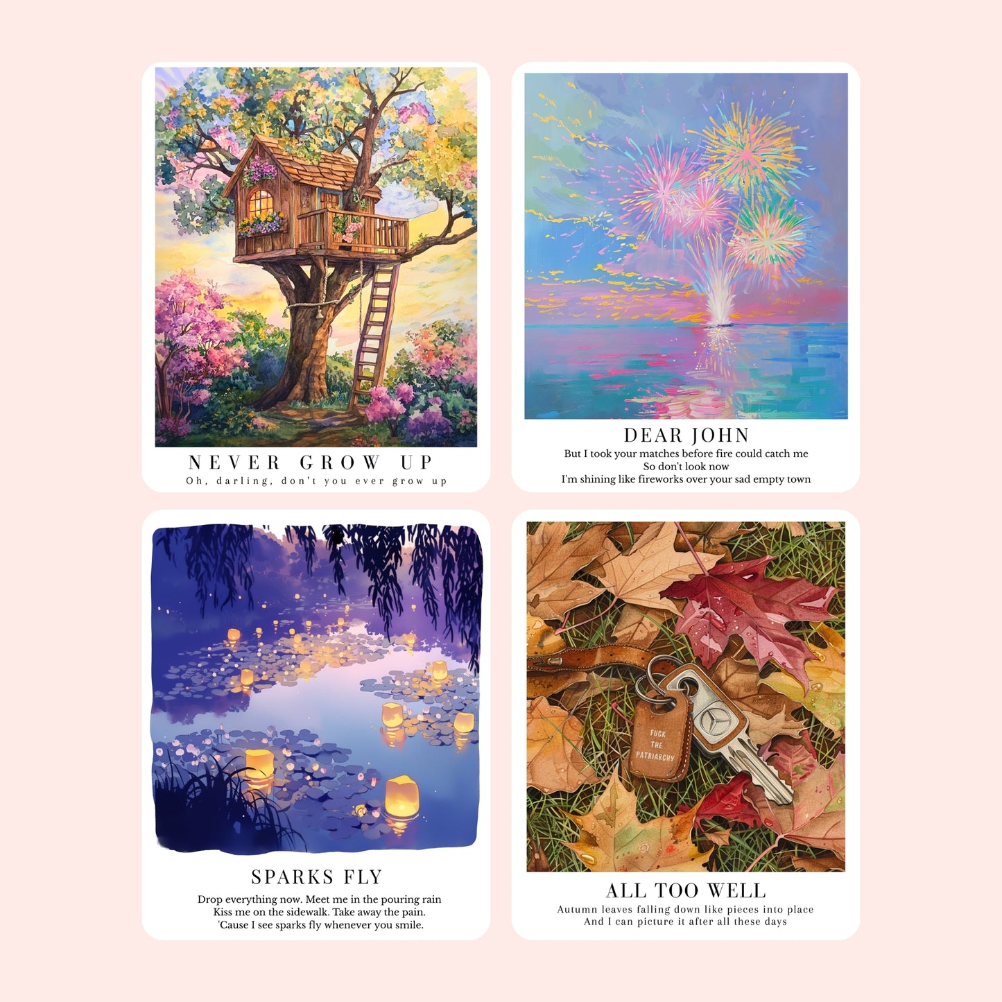 Shop Taylor Swift-inspired clear laminate song stickers featuring dreamy designs from Debut, Fearless, Speak Now, and Red album eras. Each sticker is sold individually.