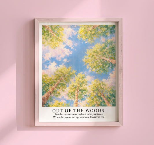 Taylor Swift Out of the Woods inspired art print featuring tall trees and a bright sky viewed from below