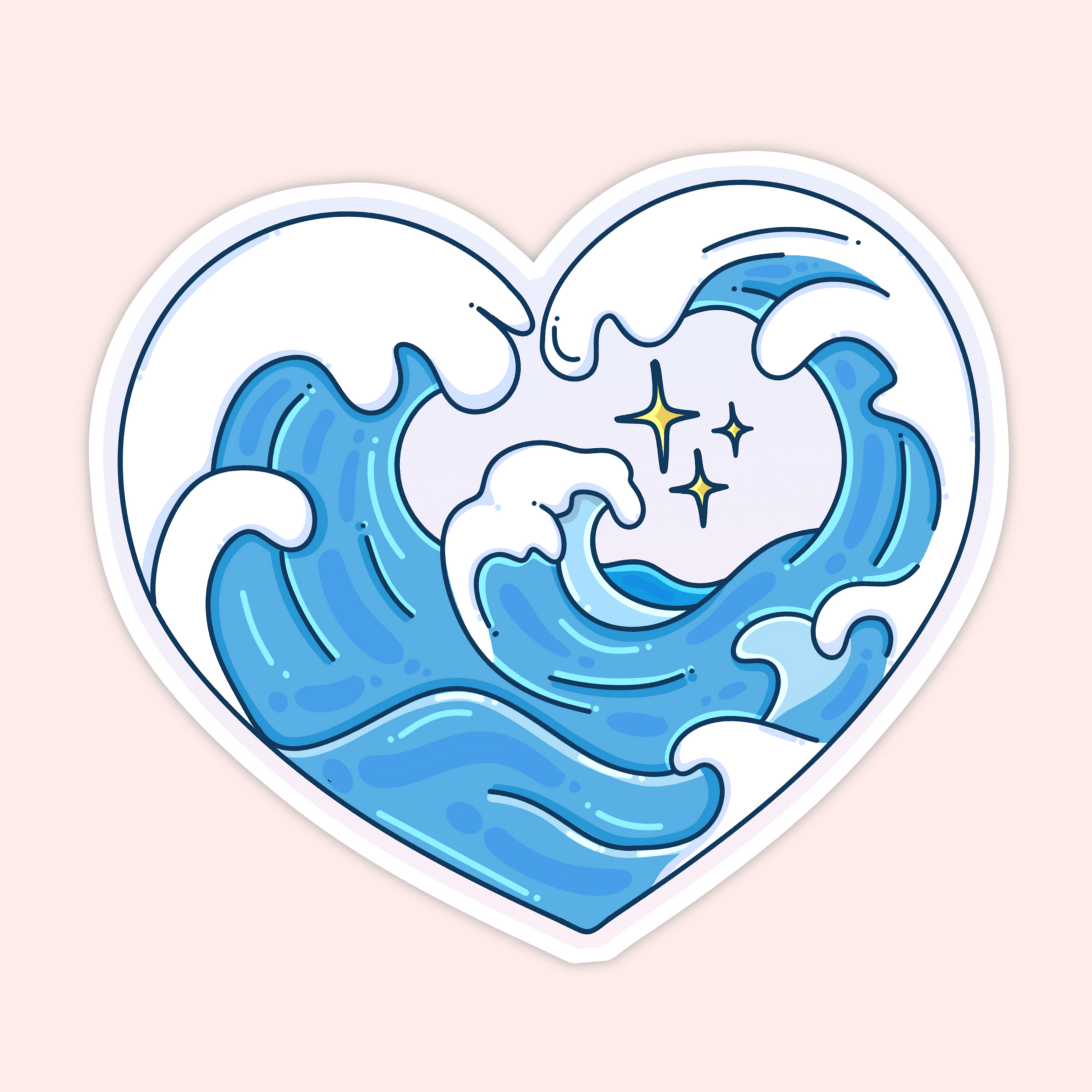 Cute heart-shaped ocean waves sticker with blue waves, white foam, and little sparkle details.