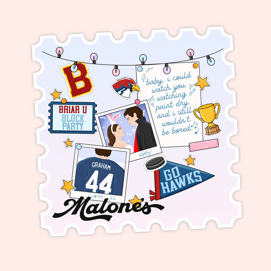 Off Campus-inspired hockey scrapbook-style sticker with Matones lettering, Briar U details, a Go Hawks pennant, jersey number 44, a trophy, puck, and handwritten lyric note.