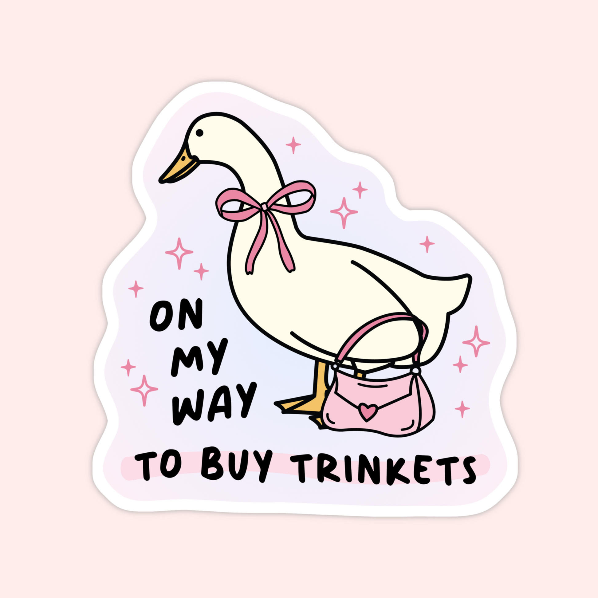 Cute goose with bow and purse sticker that says “On my way to buy trinkets,” funny girly shopping aesthetic sticker.