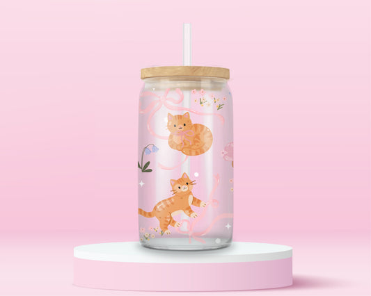 Orange Kitty Bow Glass Tumbler 🐱🎀