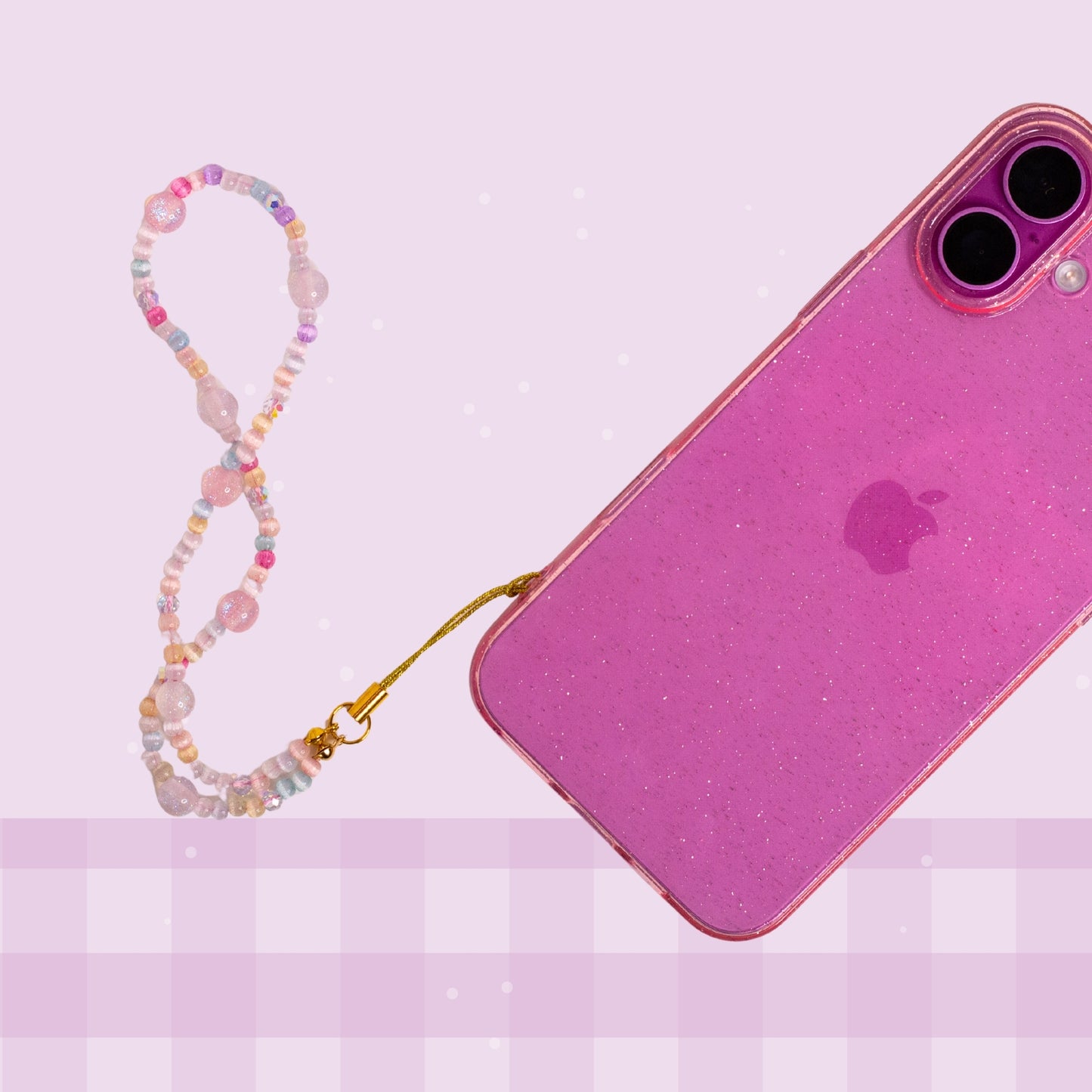 Pastel sparkle beaded phone wristlet with colourful pastel beads, glittery pink accent beads, iridescent details, and a gold phone strap attachment.