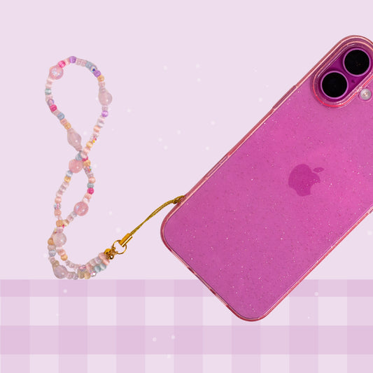 Pastel sparkle beaded phone wristlet with colourful pastel beads, glittery pink accent beads, iridescent details, and a gold phone strap attachment.