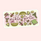 Cute pickle girlie sticker with pickles, pickle jar, bows, hearts, flowers, pickle martini, and a green book.
