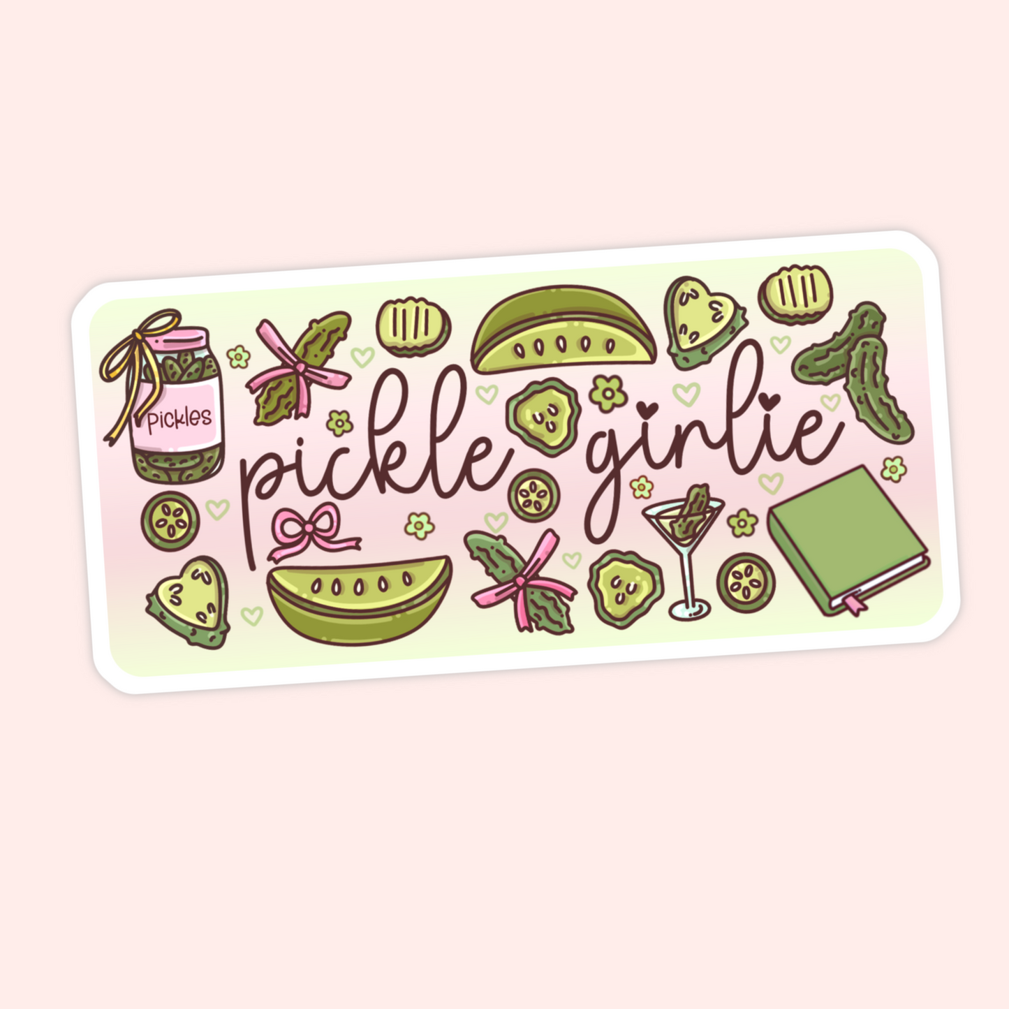 Cute pickle girlie sticker with pickles, pickle jar, bows, hearts, flowers, pickle martini, and a green book.