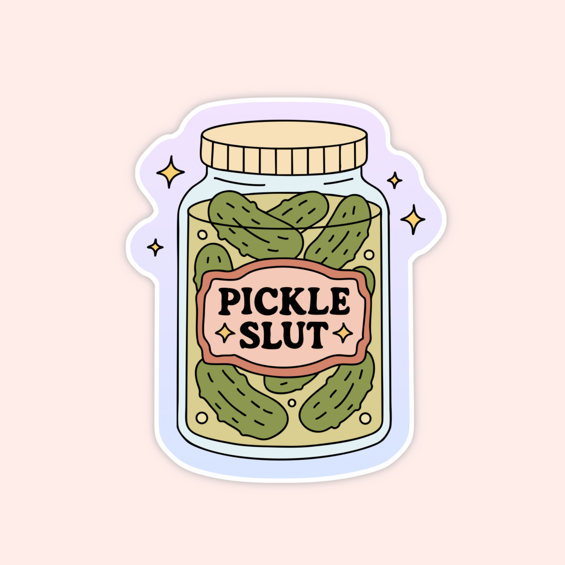 A pink-labeled glass jar full of pickles with bold text “Pickle Slut” in the center.
