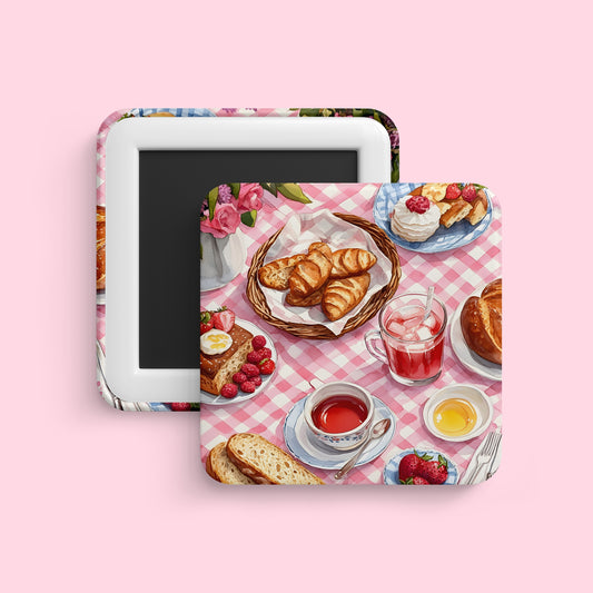 Pink picnic magnet with pastries, tea, and strawberries illustration