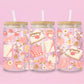  glass tumbler decorated with pumpkins, bows, notebooks, coffee, and florals with bamboo lid and straw.