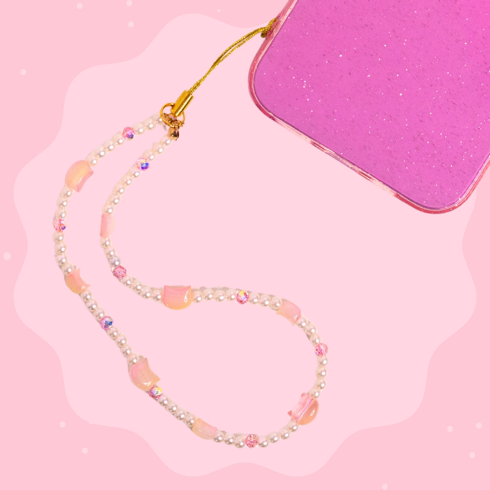 Pink kitty beaded phone wristlet with pearl beads, pink crystal accents, glossy pink cat beads, and soft girlie details.