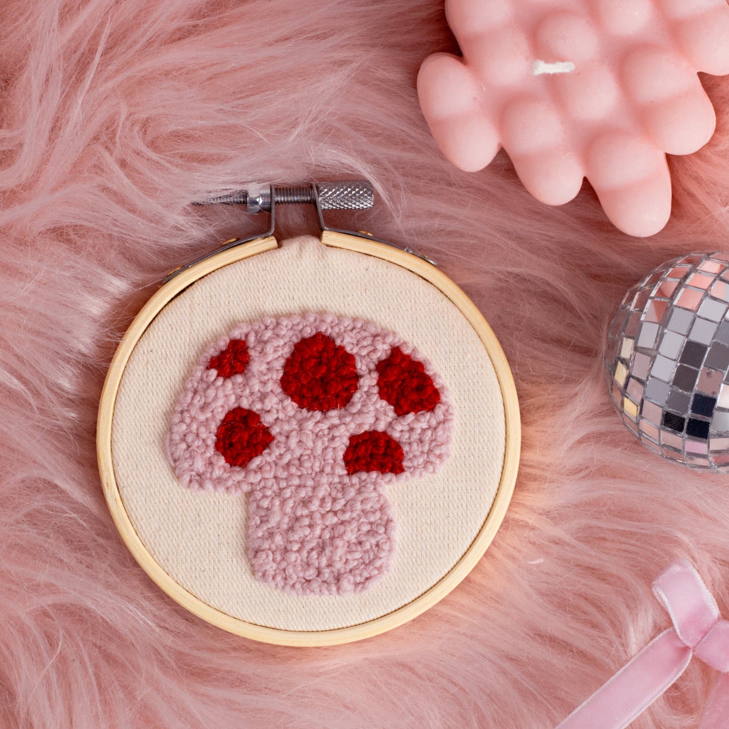 Pink Mushroom French Knot Embroidery Hoop 🍄✨