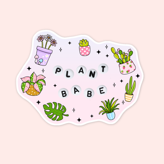 Cute plant lover sticker with the words “plant babe” surrounded by potted plants, leafy details, and sparkles.
