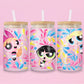 glass tumbler featuring Blossom, Bubbles, and Buttercup with colorful splash accents, bamboo lid, and straw.