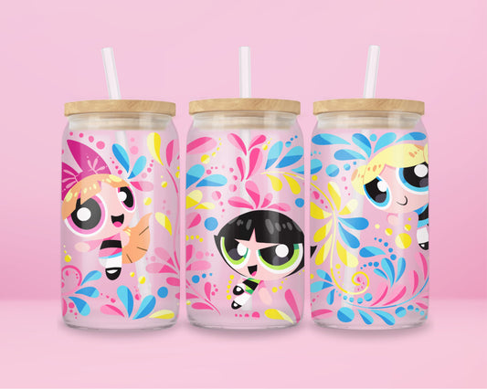 glass tumbler featuring Blossom, Bubbles, and Buttercup with colorful splash accents, bamboo lid, and straw.