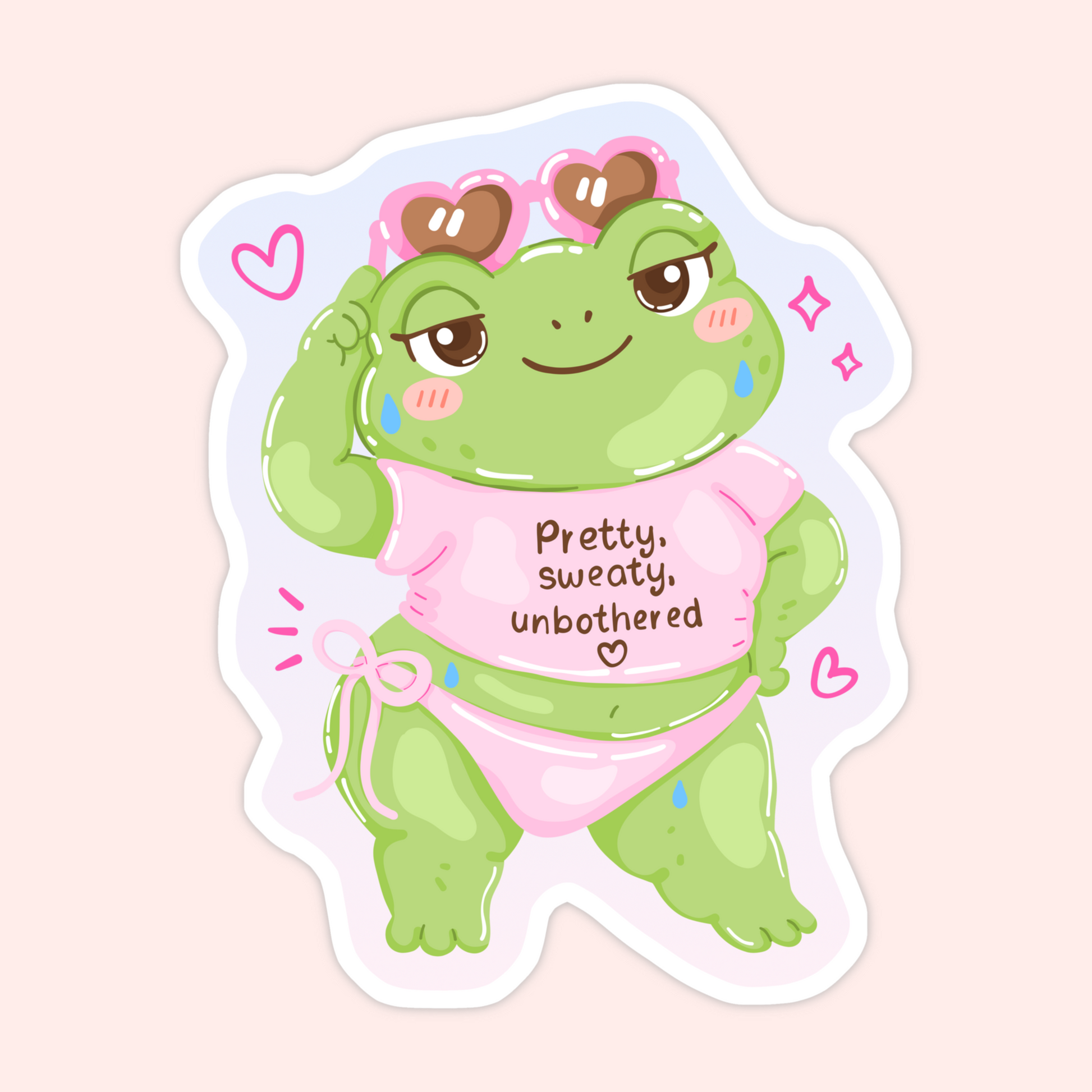 Cute frog sticker wearing pink sunglasses and a pink outfit with text that says Pretty, Sweaty, Unbothered.