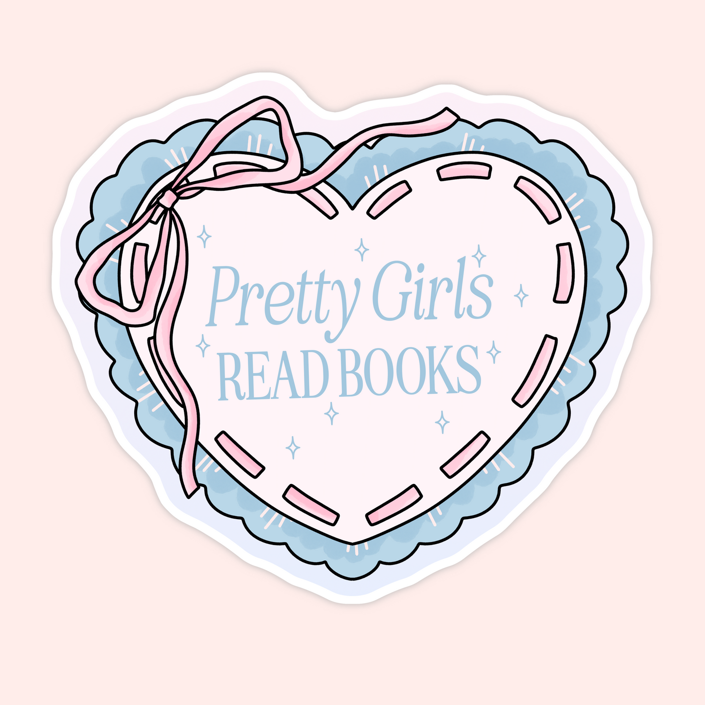 Blue and pink coquette heart sticker with bow detail that reads “Pretty Girls Read Books.”