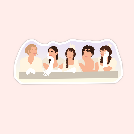 Minimalist illustration of the five Bennet sisters from Pride & Prejudice sitting together in cream gowns with white gloves.