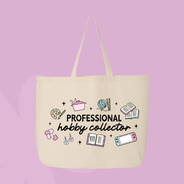 Hobby themed tote bag with illustrated crafting, reading, gaming, and creative hobby icons.