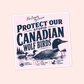 Canadian loon sticker with the phrase “protect our stupid Canadian wolf birds” and small icons for reducing boat wake, using lead-free tackle, and maintaining distance.