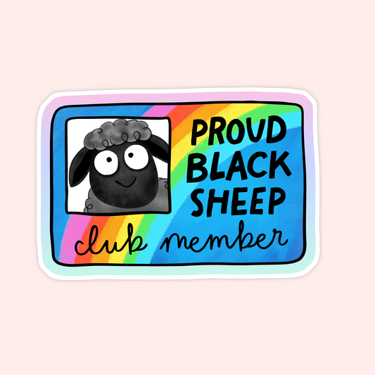 A black sheep cartoon on a rainbow membership card with the text “Proud Black Sheep Club Member.”