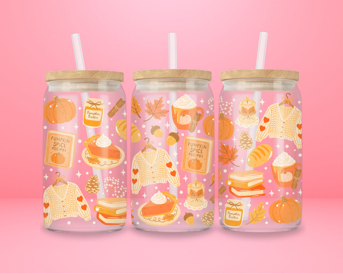 16oz fall glass tumbler with pumpkins, pumpkin spice, books, sweaters, candles and autumn leaves