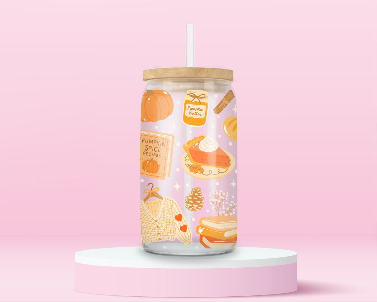 16oz fall glass tumbler with pumpkins, pumpkin spice, books, sweaters, candles and autumn leaves