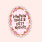 Pink gingham oval sticker with pumpkins, mushrooms, ghosts, and text that says “Pumpkin Spice & Cozy Nights.”