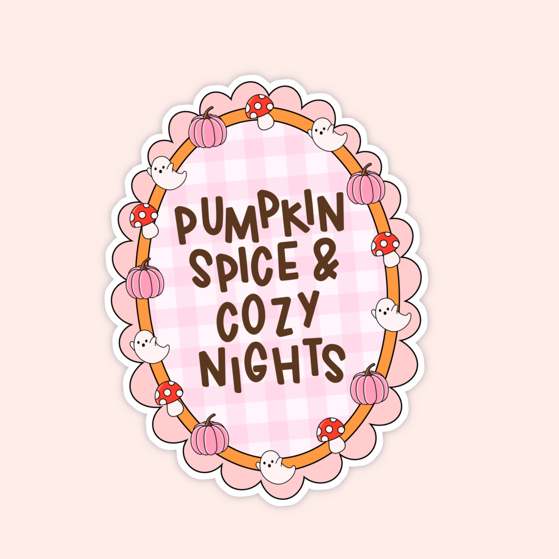 Pink gingham oval sticker with pumpkins, mushrooms, ghosts, and text that says “Pumpkin Spice & Cozy Nights.”