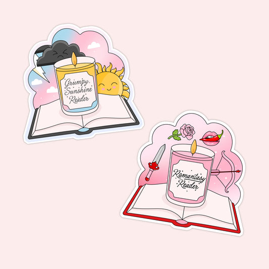reader mood vinyl stickers featuring candles and bookish tropes