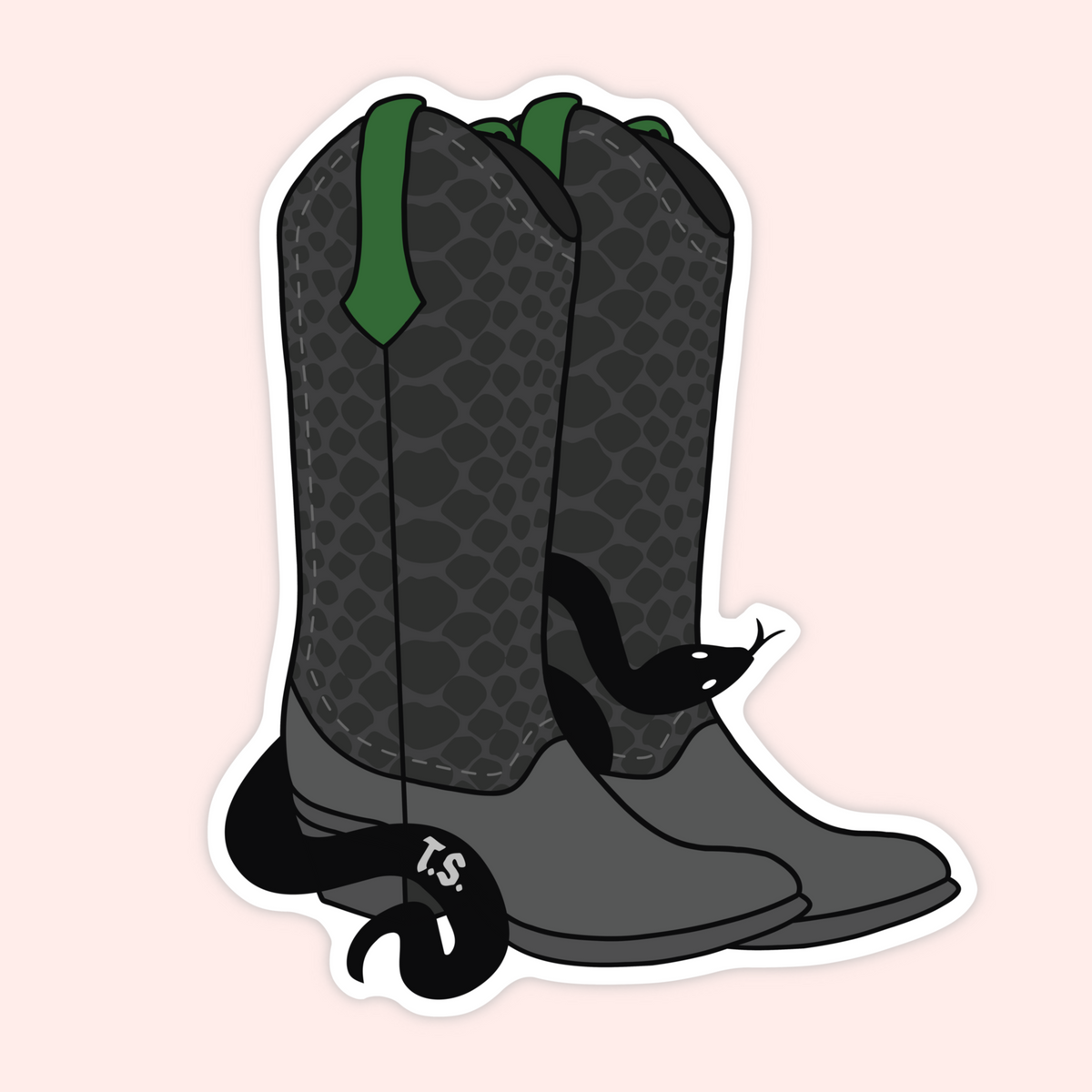 A die-cut sticker featuring a stylized illustration of a pair of cowboy boots with a dark gray snakeskin pattern, green shaft tabs, and a black snake wrapped around the boots, shown on a pale pink background.