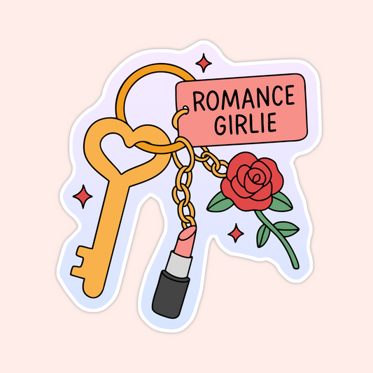 Cute keychain illustration featuring a heart key, “Romance Girlie” tag, rose charm, and a lipstick charm, perfect for romance book lovers.