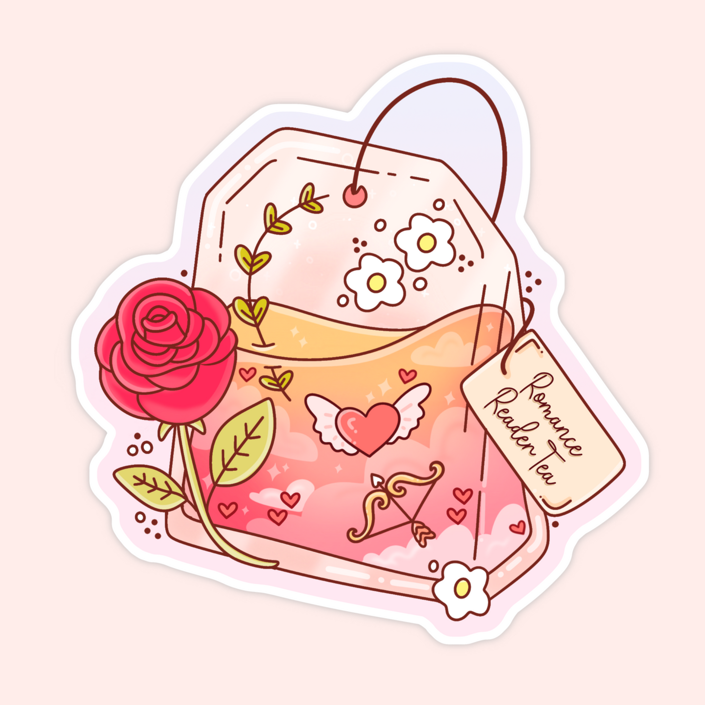 Cute romance reader tea bag sticker with a rose, hearts, flowers, cupid arrow, and soft pink details.