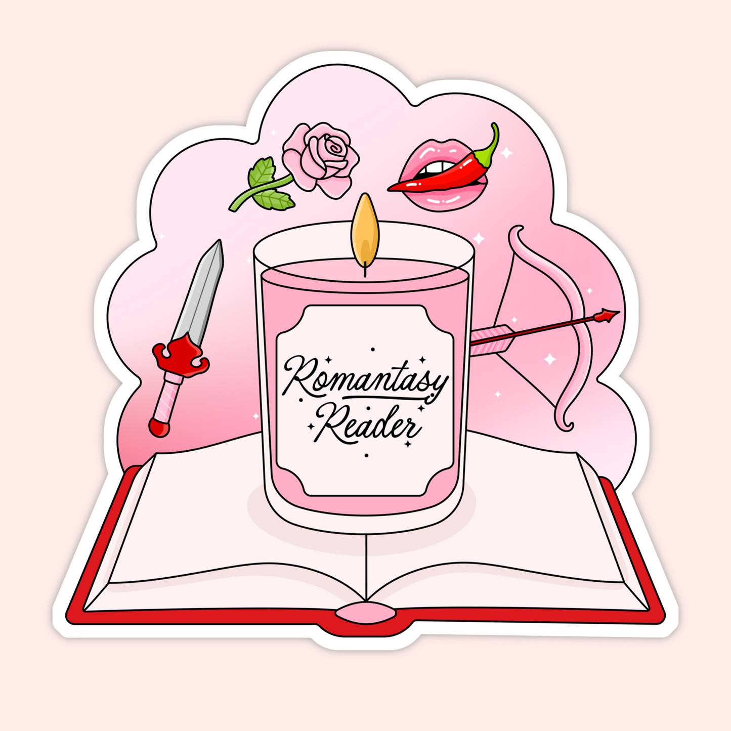 A dreamy vinyl sticker featuring a candle labeled “Romantic Reader” with hearts and romance-inspired details. Perfect for romance readers and bookish aesthetics.