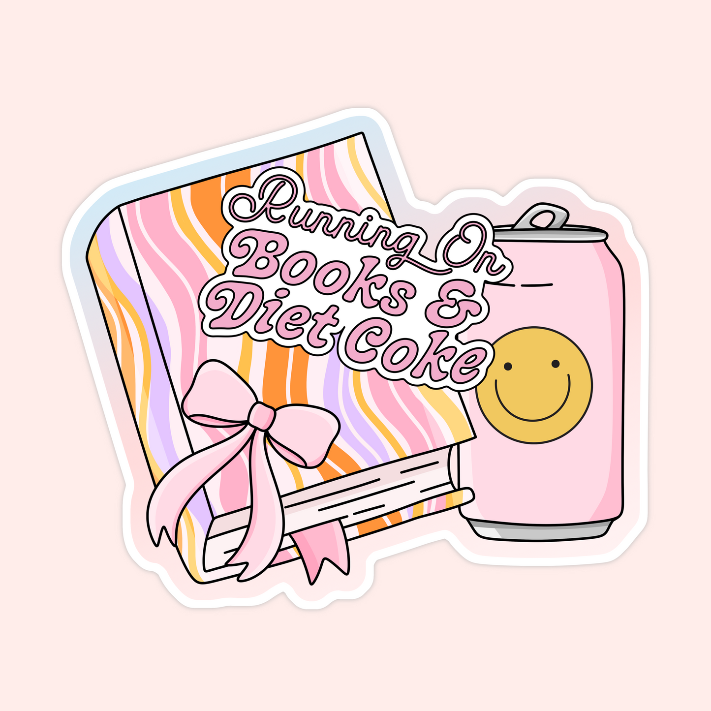 Pink and orange striped book with a bow and a pink soda can that says "Running on Books & Diet Coke."